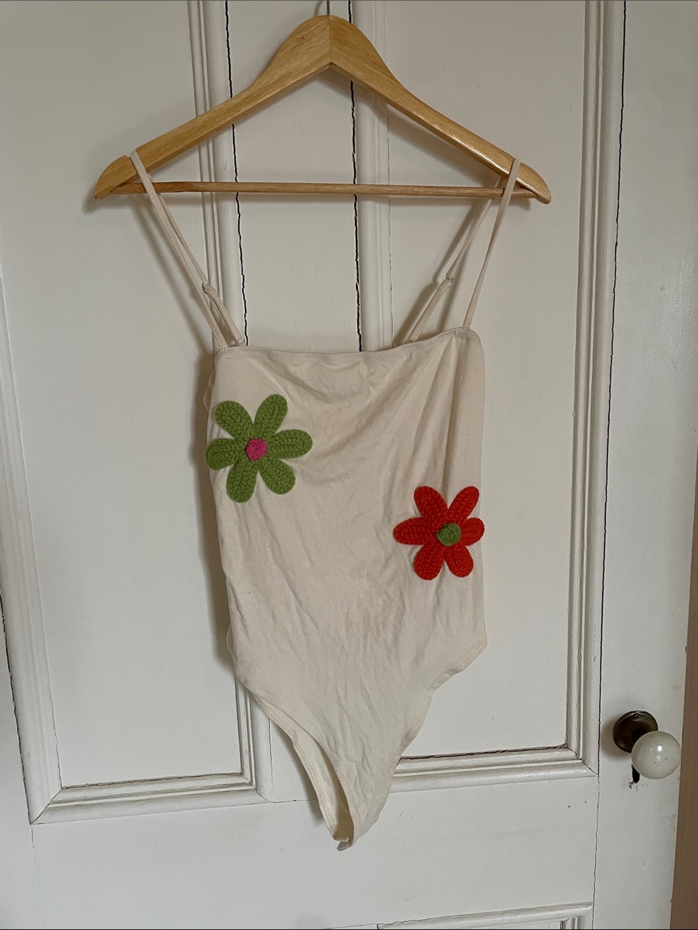 Cider Cream One-Piece Bodysuit with Red & Green Flower Appliqués